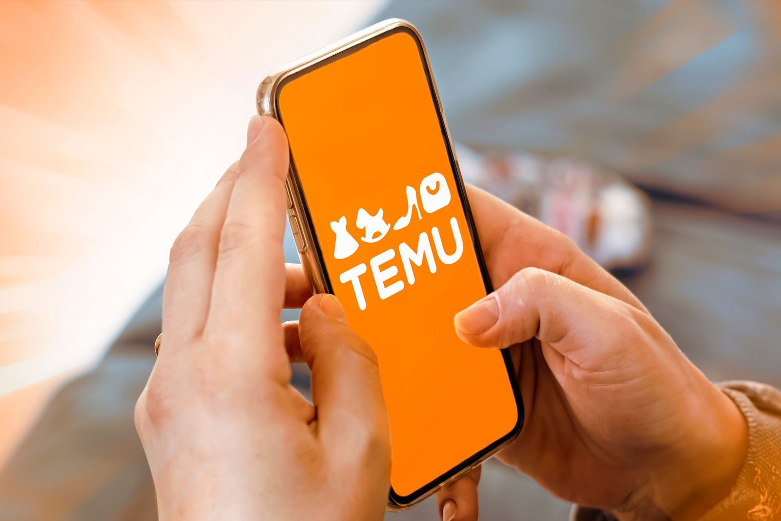 Une main tenant un smartphone avec le logo TEMU à l'écran