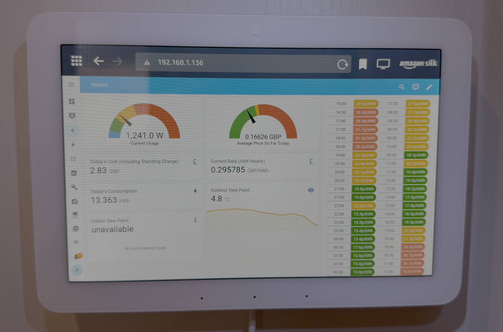 Un hub Amazon Echo montrant un tableau de bord assistant à domicile avec consommation d'électricité et prix.