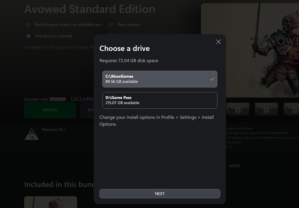 Installation AVOED via PC Game Pass.