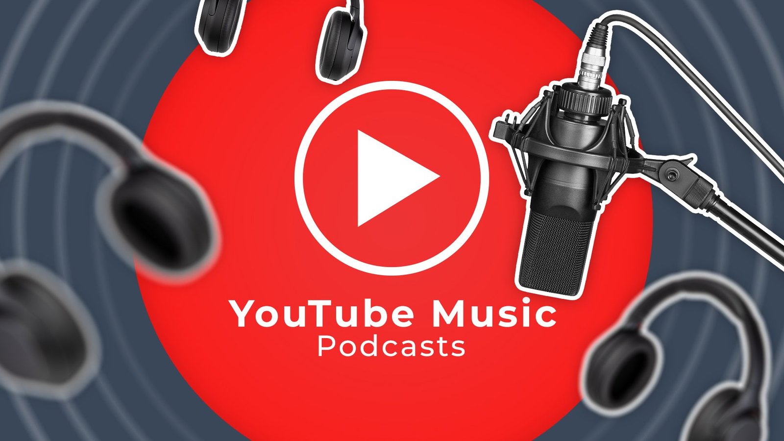 YouTube Music Logo avec un microphone et quelques écouteurs autour.