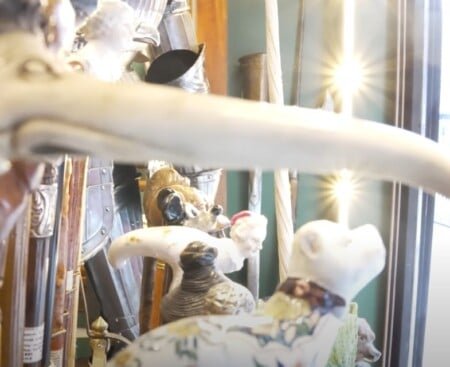 Canes de différentes conceptions et matériaux affichés devant les antiquités allemandes de Michael