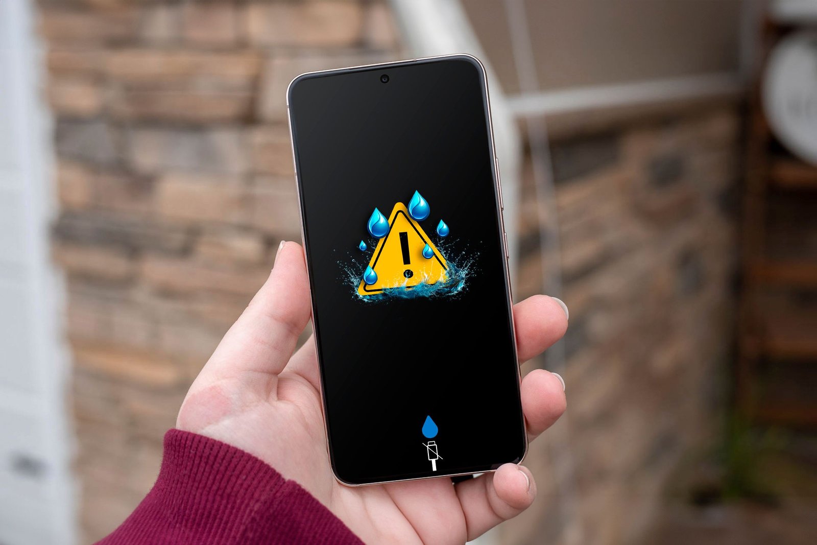 Un téléphone Samsung Galaxy avec un symbole d'alerte détecté par l'humidité recouverte de gouttelettes d'eau à l'écran.