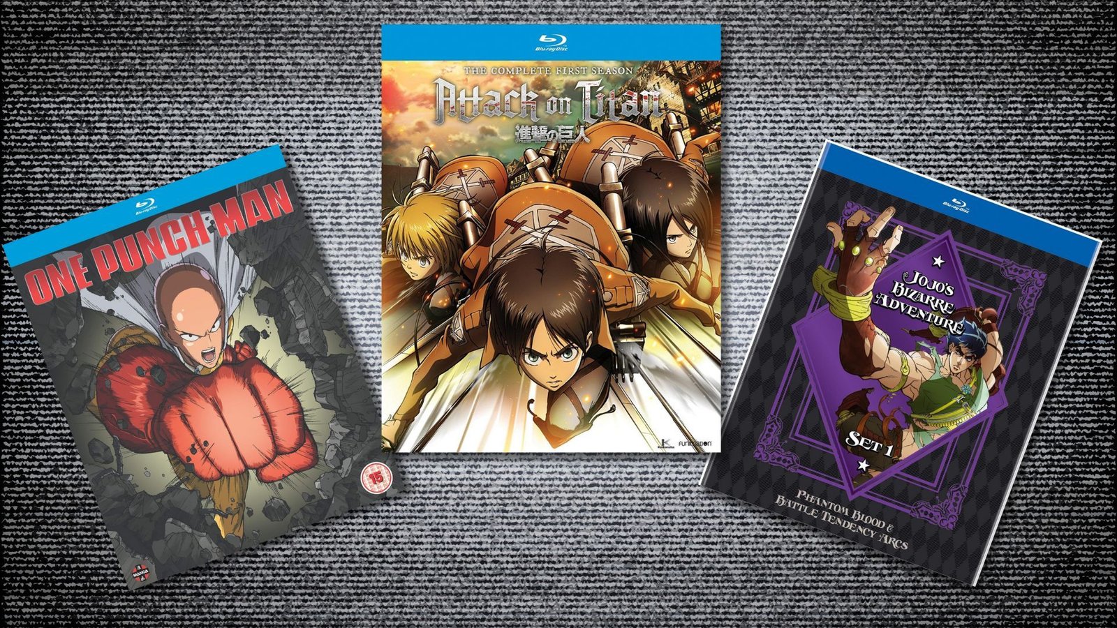 Trois couvertures Blu-ray d'anime sur un fond statique TV.