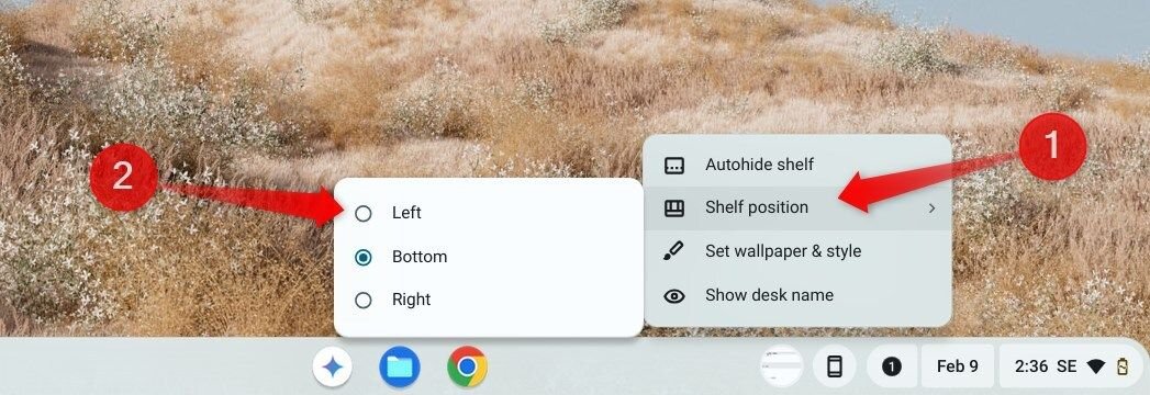 Changer la position de l'étagère à gauche sur Chromeos.