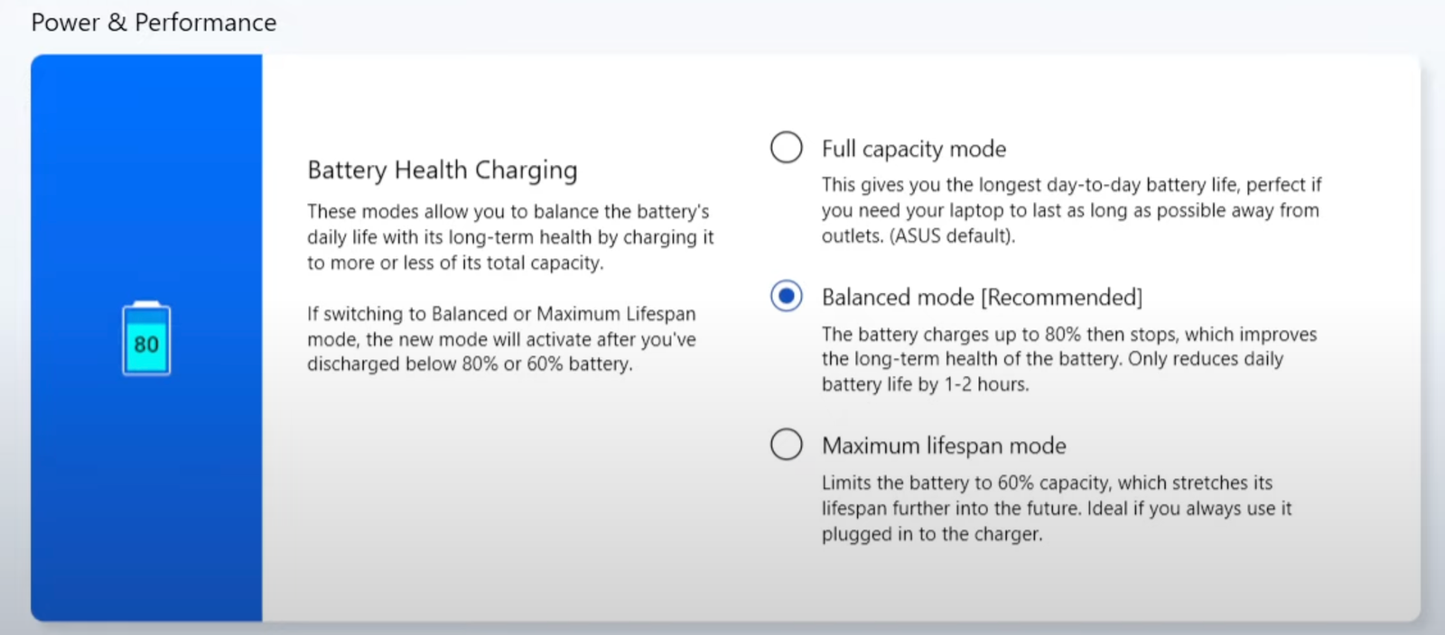 Réglage du myasus pour limiter la charge de la batterie à 80% sur Windows.