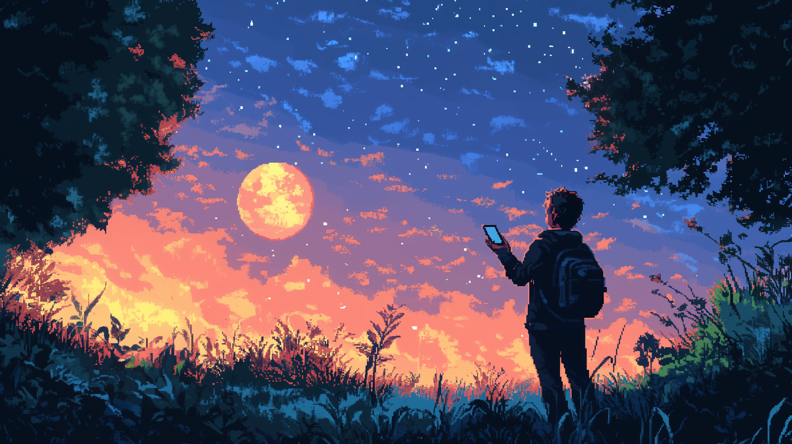 Pixel Art d'une personne tenant un téléphone et obtenant un signal radio d'un satellite dans l'espace.