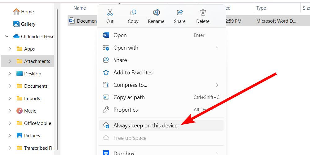 Rendre un fichier disponible hors ligne dans OneDrive pour Windows.