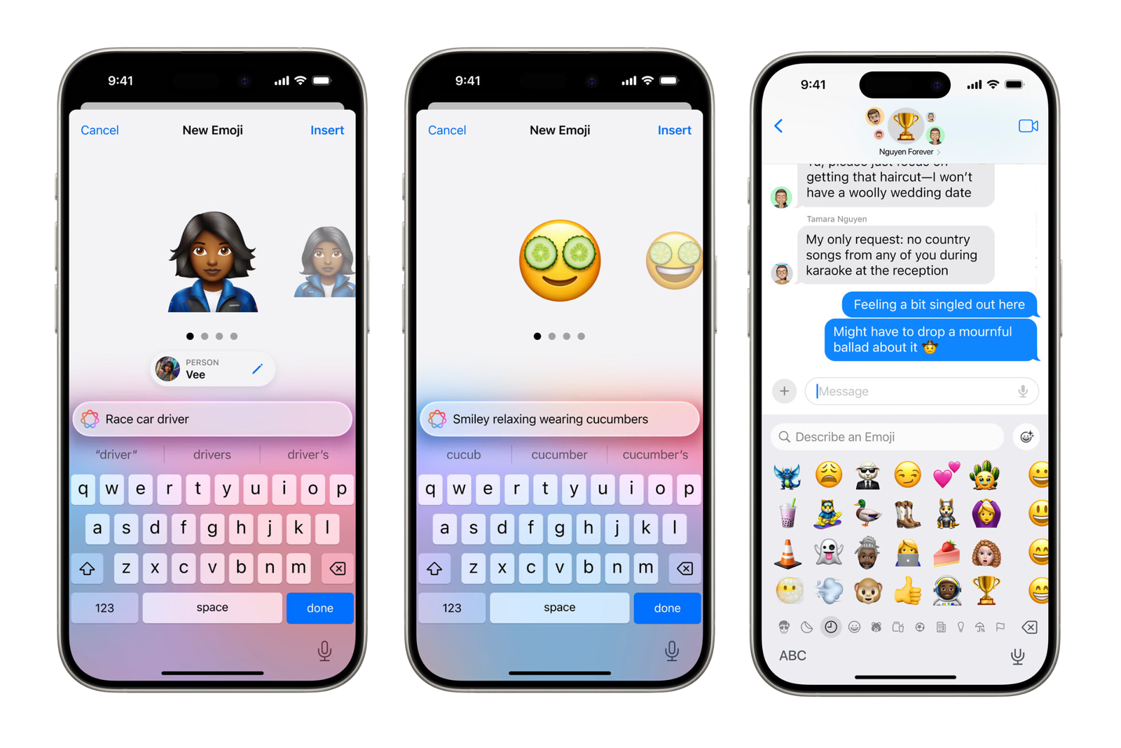 Captures d'écran de la fonction Genmoji sur l'écran d'un iPhone.