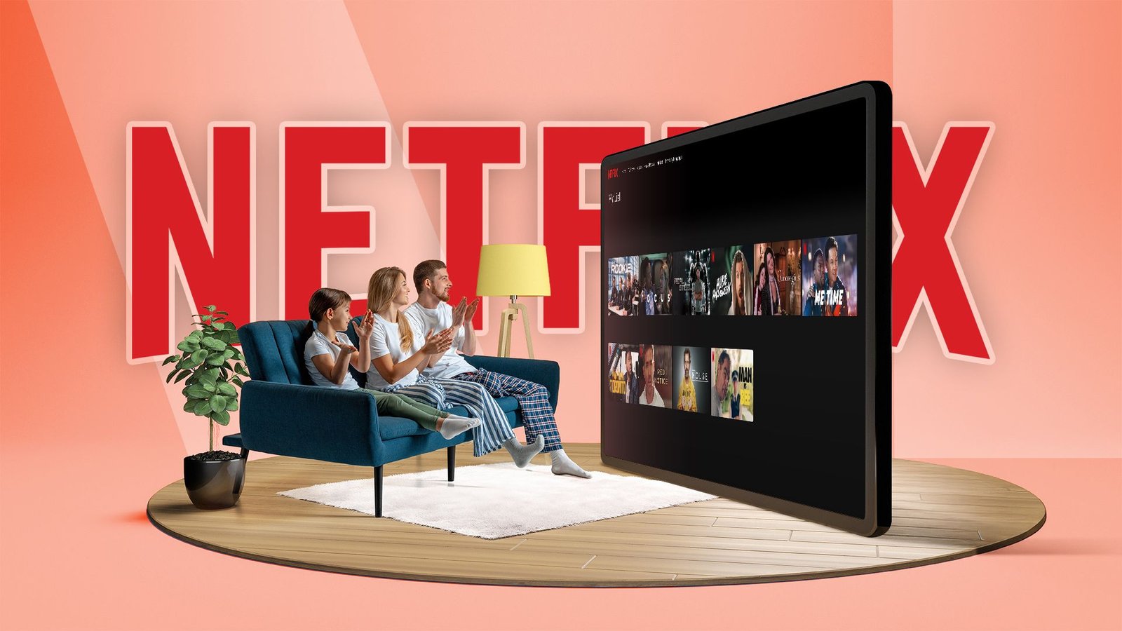 Une famille qui regarde la télévision avec le logo Netflix en arrière-plan.