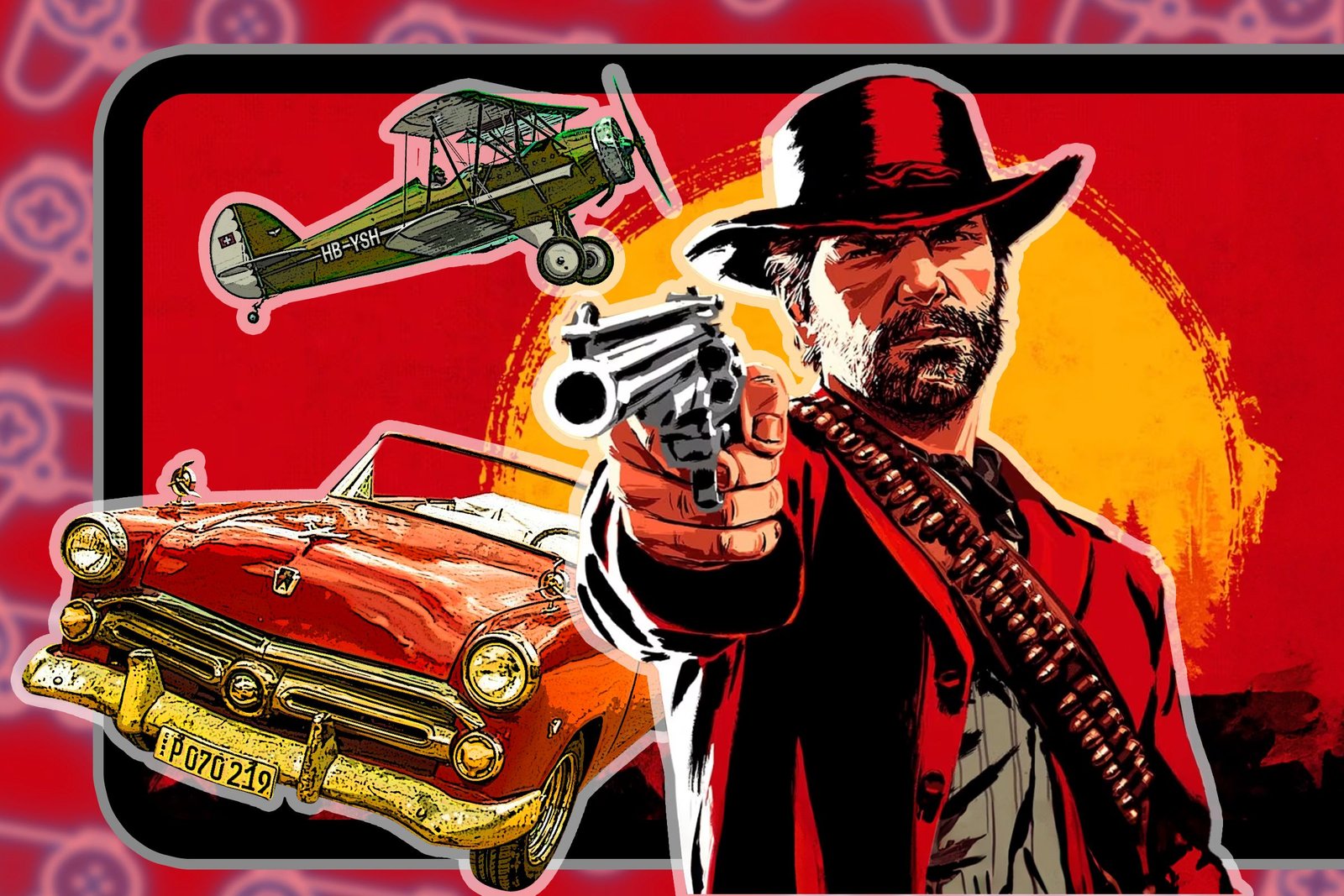 L'image promotionnelle de Red Dead Redemption 2 avec une voiture et un avion, illustrant la possibilité d'ajouter des mods.