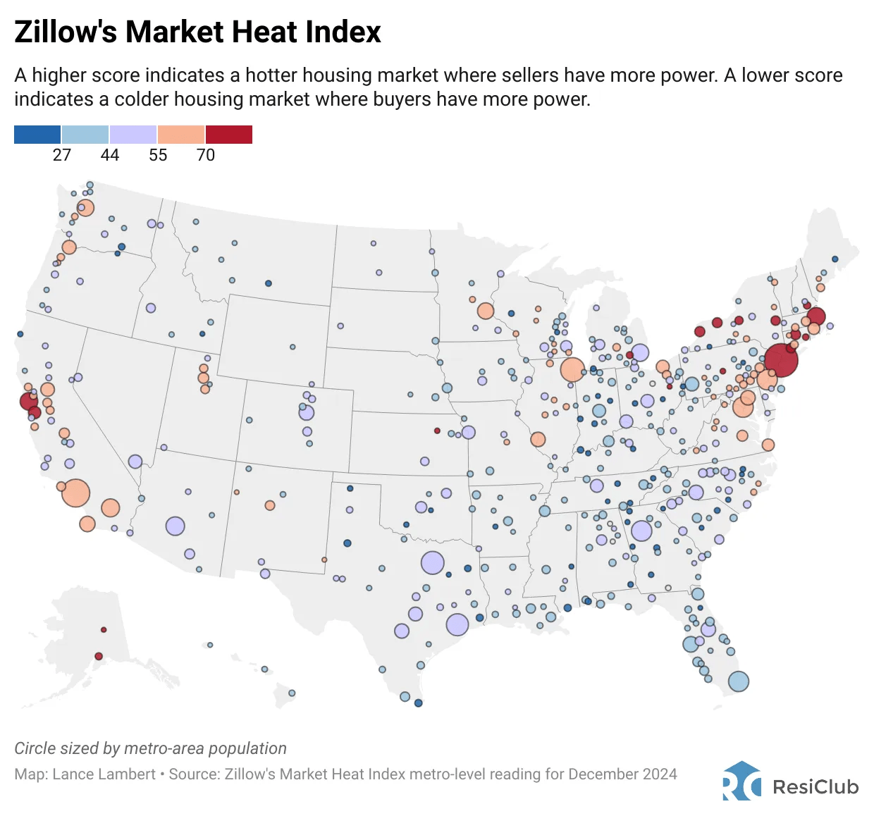 Indice de chaleur du marché de Zillow montrant où la demande est plus forte, plus chaude et où la demande est plus froide