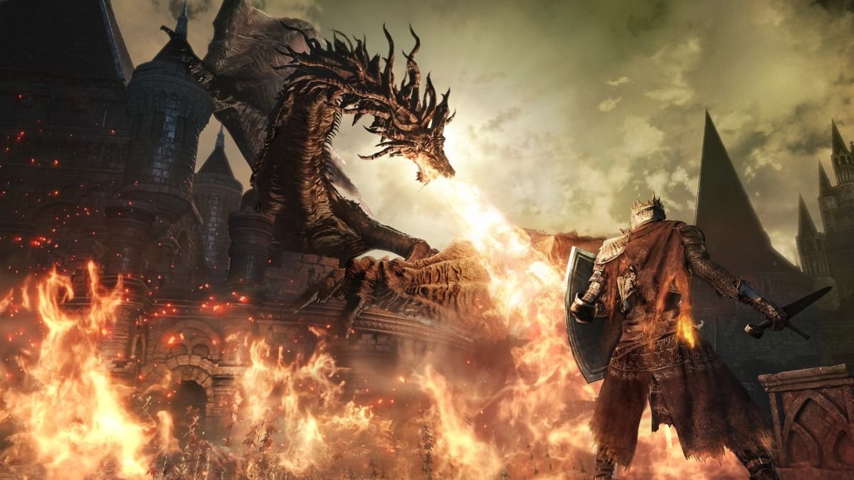 Dark Souls 3 Joueur combattant un dragon.