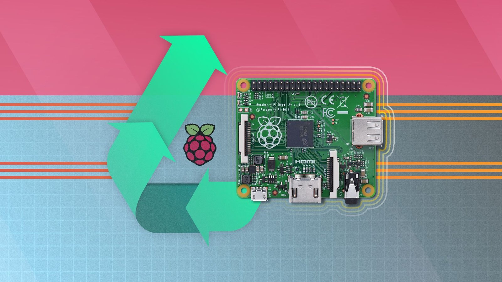 Un Raspberry Pi 1 avec une icône upcycle à côté de lui et le logo Raspberry.