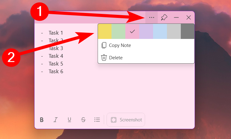 Modification de la couleur d'une note collante sur Windows 11.