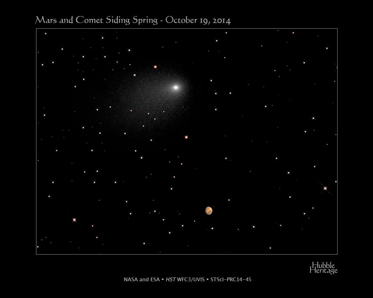 Cette image de télescope spatial Hubble Composite capture les positions de la comète Siding Spring et Mars dans un passage proche jamais vu auparavant d'une comète par la planète rouge, qui s'est produite à 14 h 28 à l'anglais EST le 19 octobre 2014. À cette date, la comète est passée par Mars à environ 87 000 milles (environ un tir de la distance entre la Terre et la Lune). À cette époque, la comète et Mars étaient à environ 149 millions de kilomètres de la Terre.