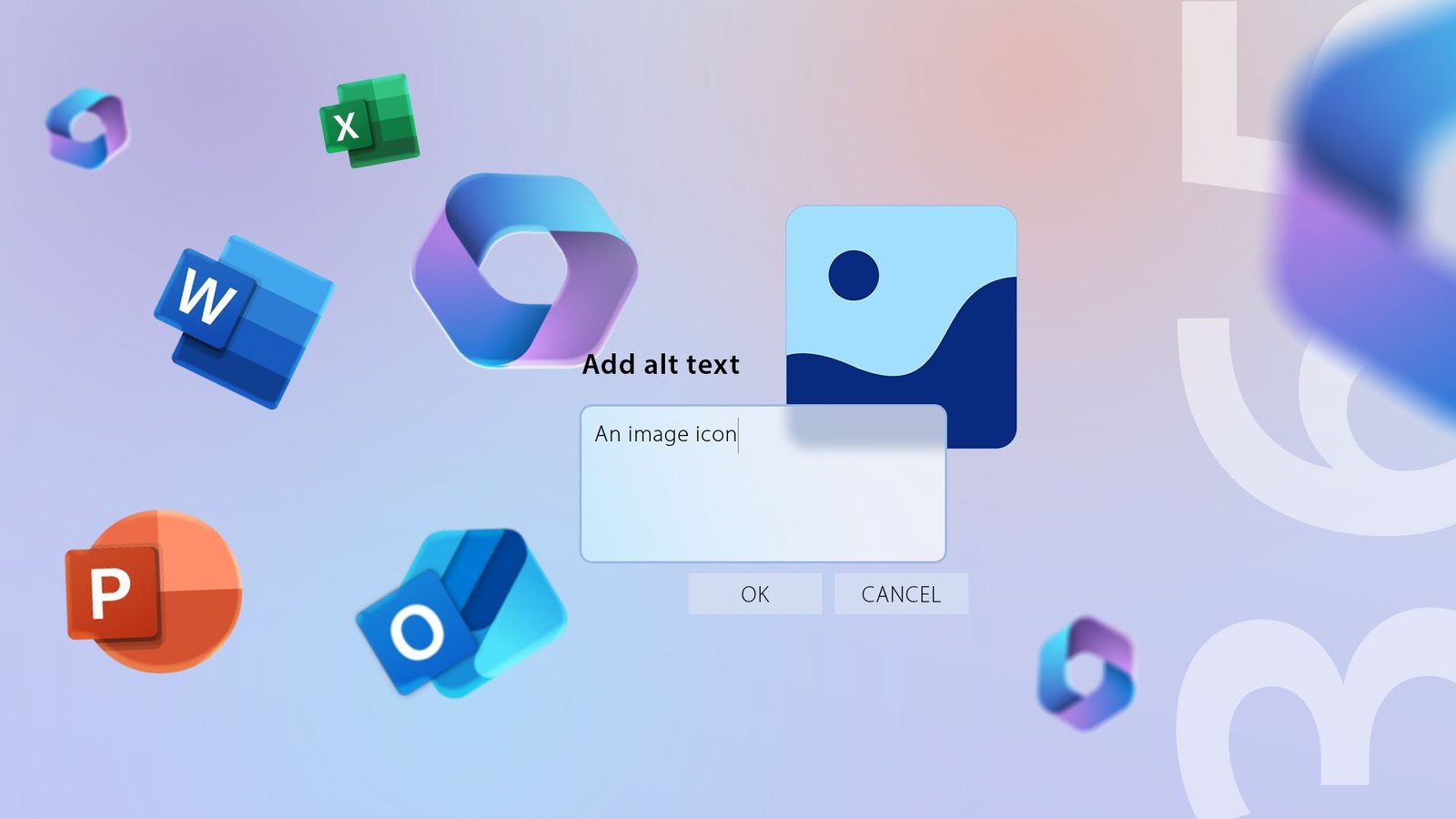 Logo Microsoft 365 avec certaines de ses applications à côté d'elle et un champ pour ajouter du texte alt.