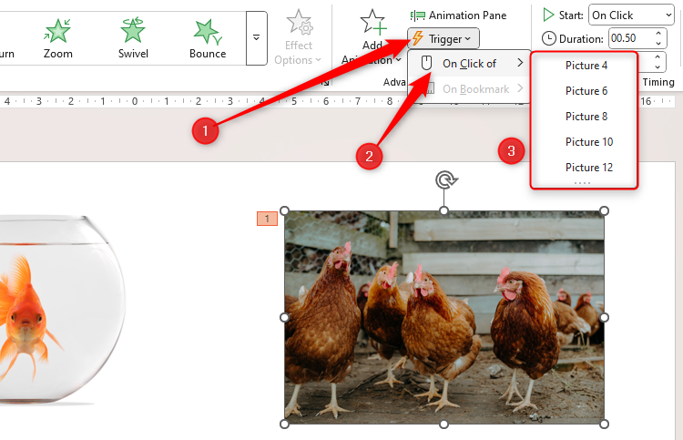 Le menu déroulant de déclenchement de PowerPoint est élargi, en cliquant sur est sélectionné et les images anonymes des diapositives sont répertoriées.