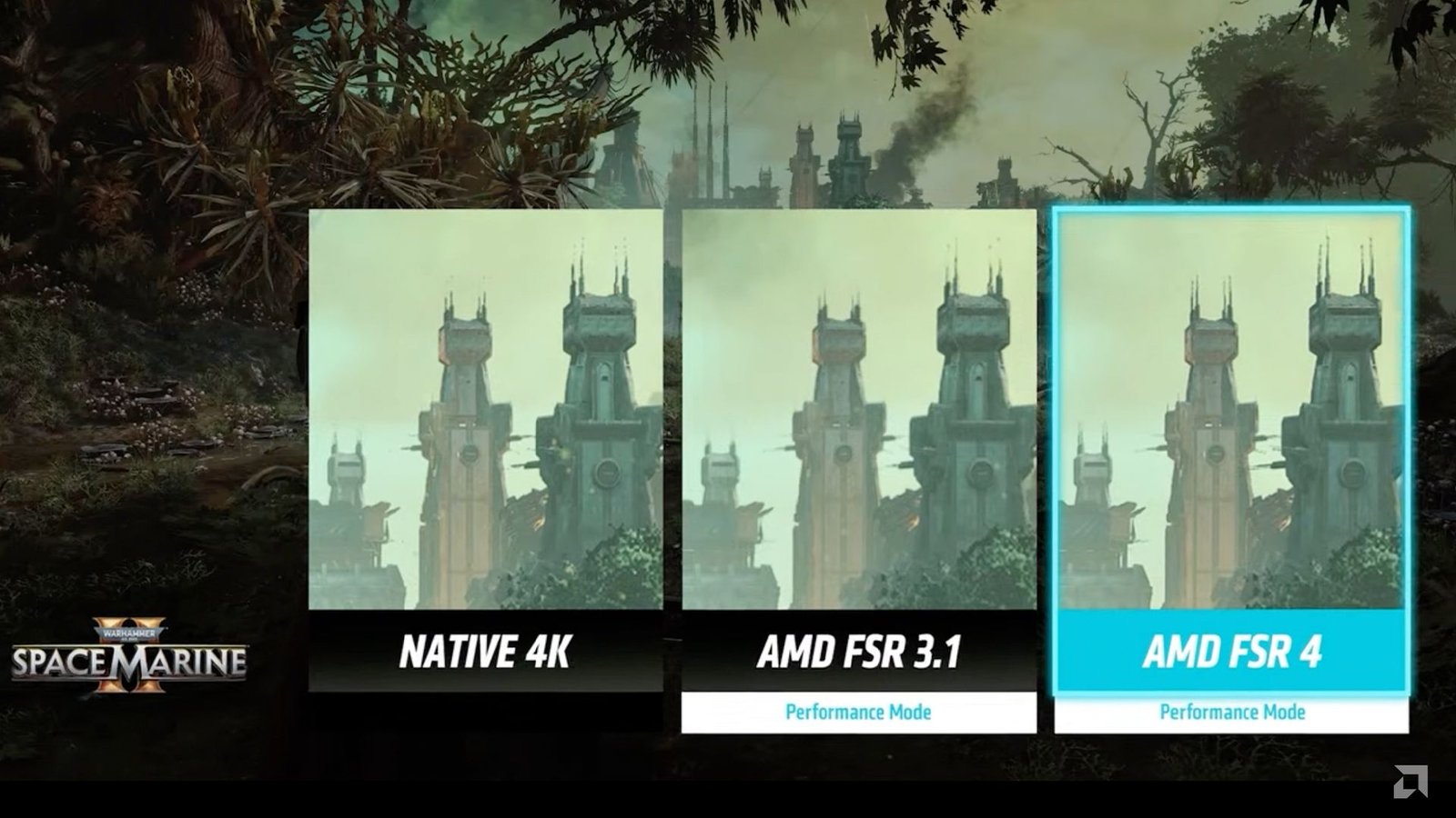 Comparaison de FSR 4, FSR 3.1 et natif 4K dans Space Marine.