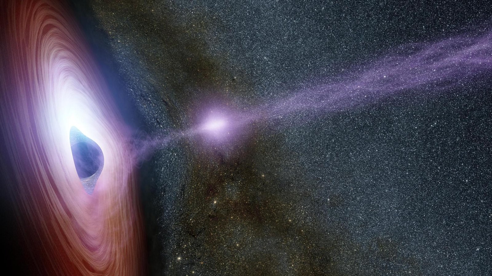 Un trou noir supermassif entouré d'un disque de matériau tourbillonnant tombant dessus.