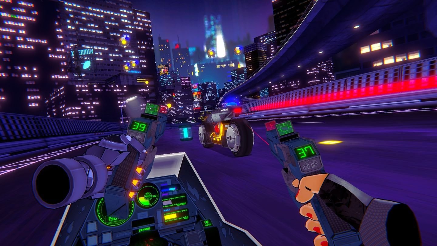 Une personne sur une moto tirant sur des canons sur un autre motocycliste The VR Game Runner.