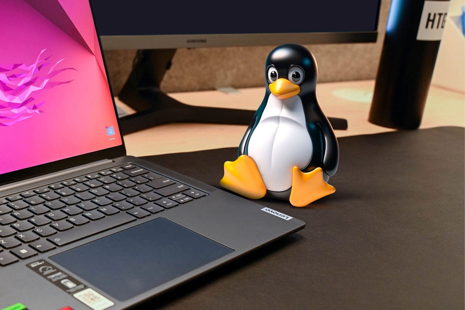 Mascotte Linux sur un bureau à côté d'un ordinateur portable.