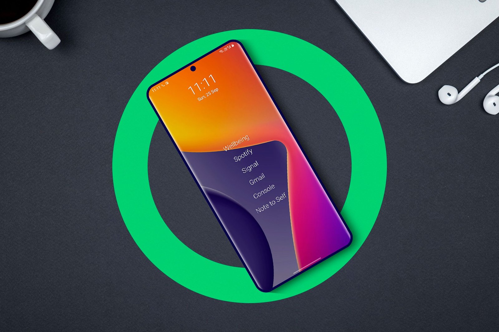 Un téléphone sur un bureau exécutant un lanceur minimaliste.