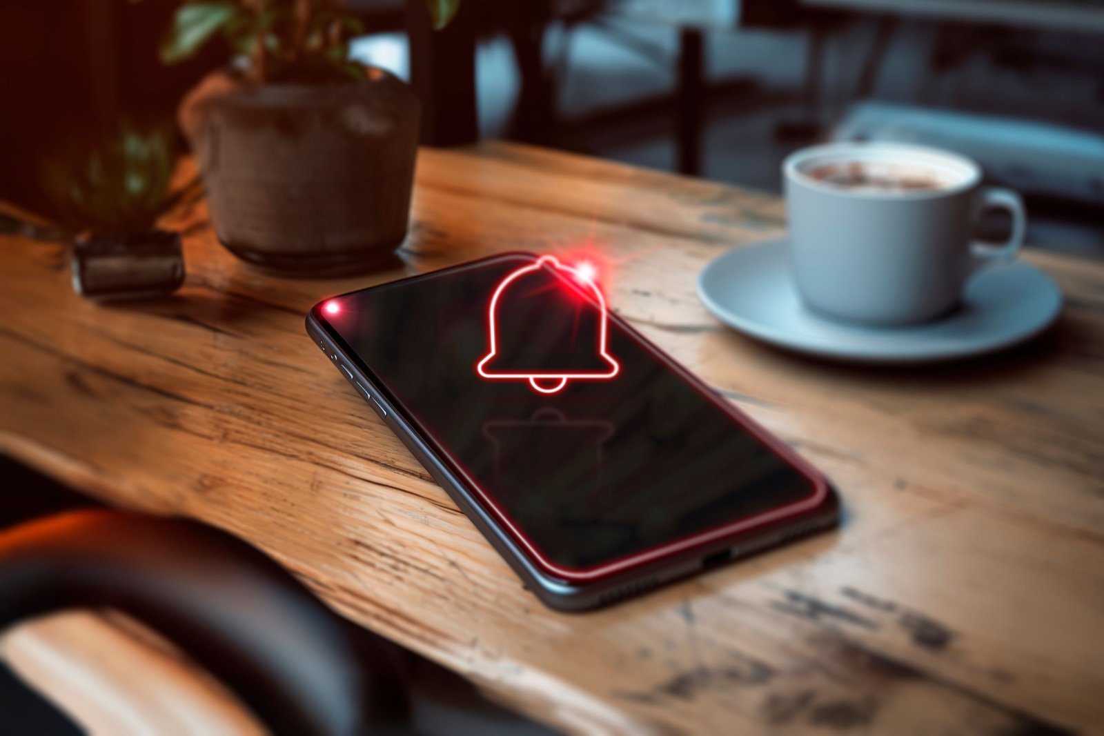 Un téléphone sur une surface en bois avec une icône de notification planant au-dessus de l'écran et une LED.