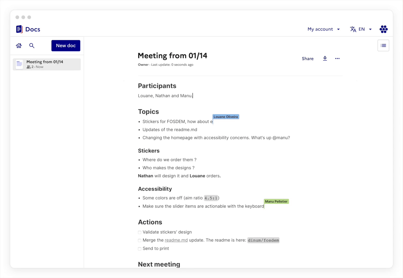 Capture d'écran de la modification d'un document de réunion