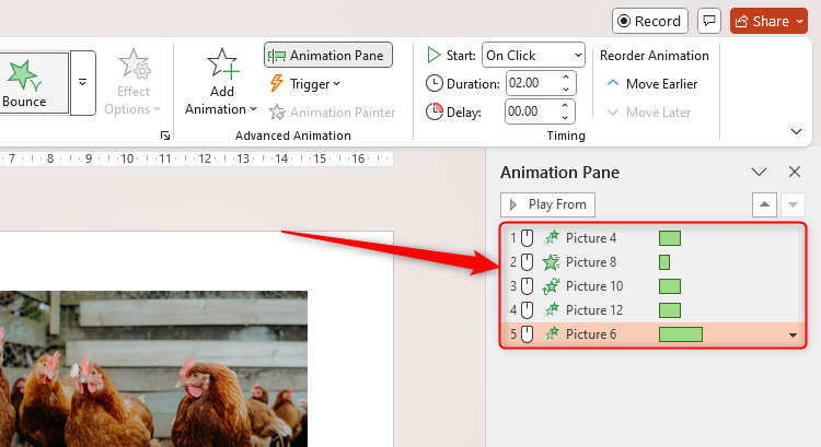 Le volet d'animation de PowerPoint contenant cinq images nommées «image» suivie d'un numéro.