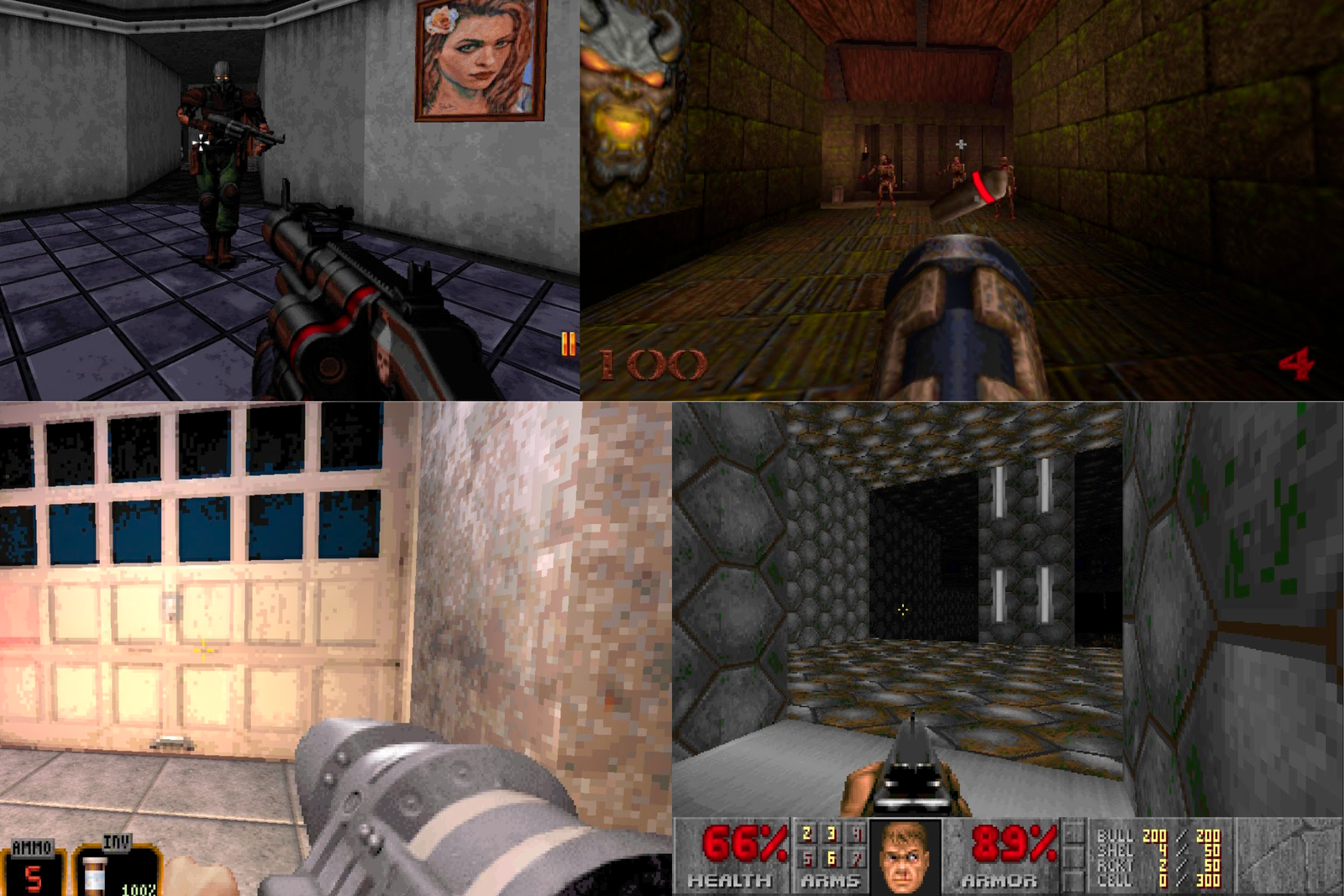 Un collage de tireurs de boomer composés de fureur d'ion, de tremblement de terre, de Duke Nukem 3d et de malheur.