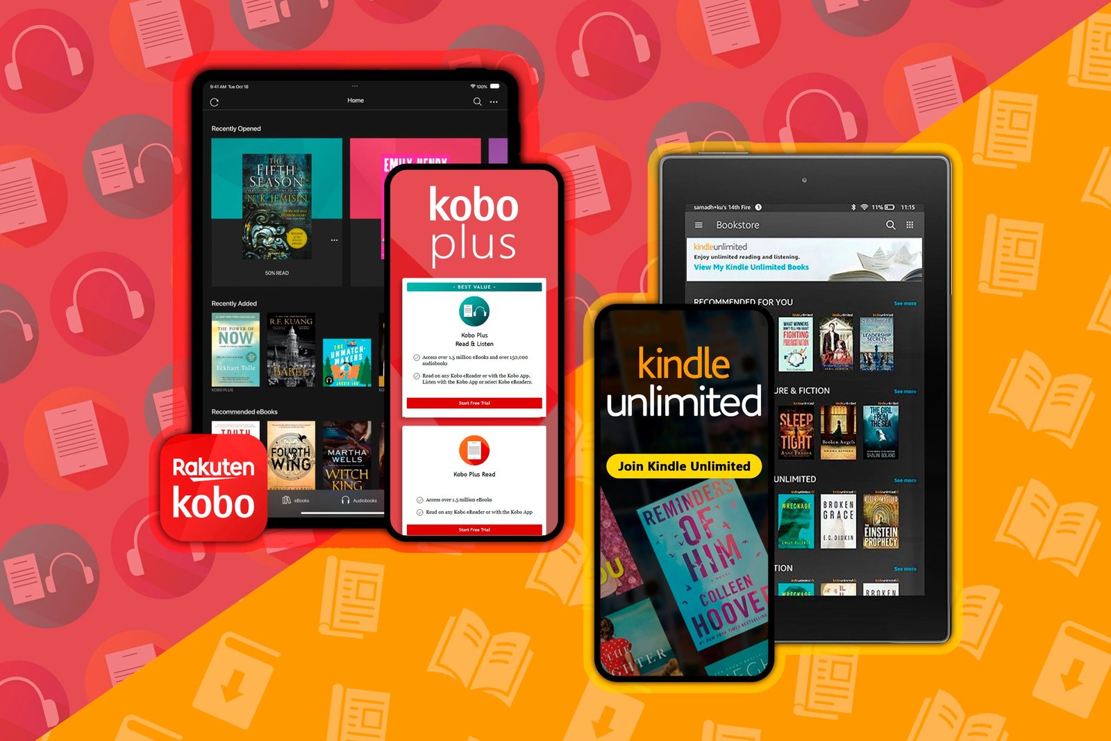 Appareils montrant certains livres électroniques des services d'abonnement Kindle et Kobo, à gauche de Kobo Plus et à droite de Kindle Unlimited.