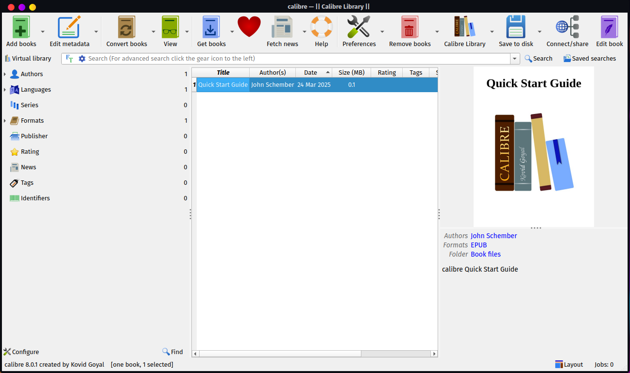 Calibre Version 8.0.1 Fenêtre d'application dans Linux.