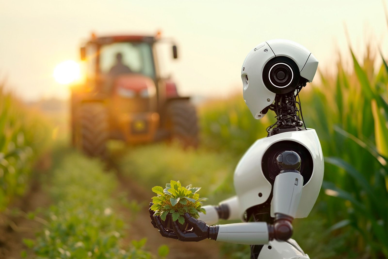 Un robot sur une plantation avec un tracteur en arrière-plan.