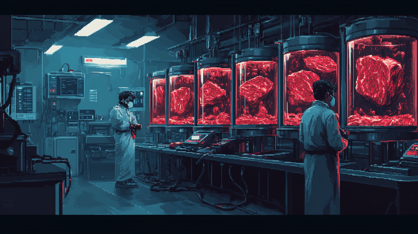 Pixel Art des steaks cultivés en cuve en laboratoire.