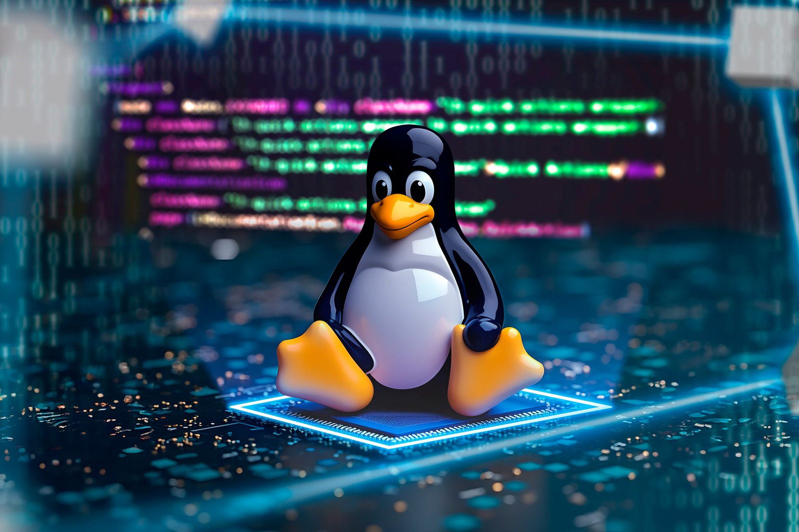 Linux Mascot assis sur une puce avec du code flou en arrière-plan.