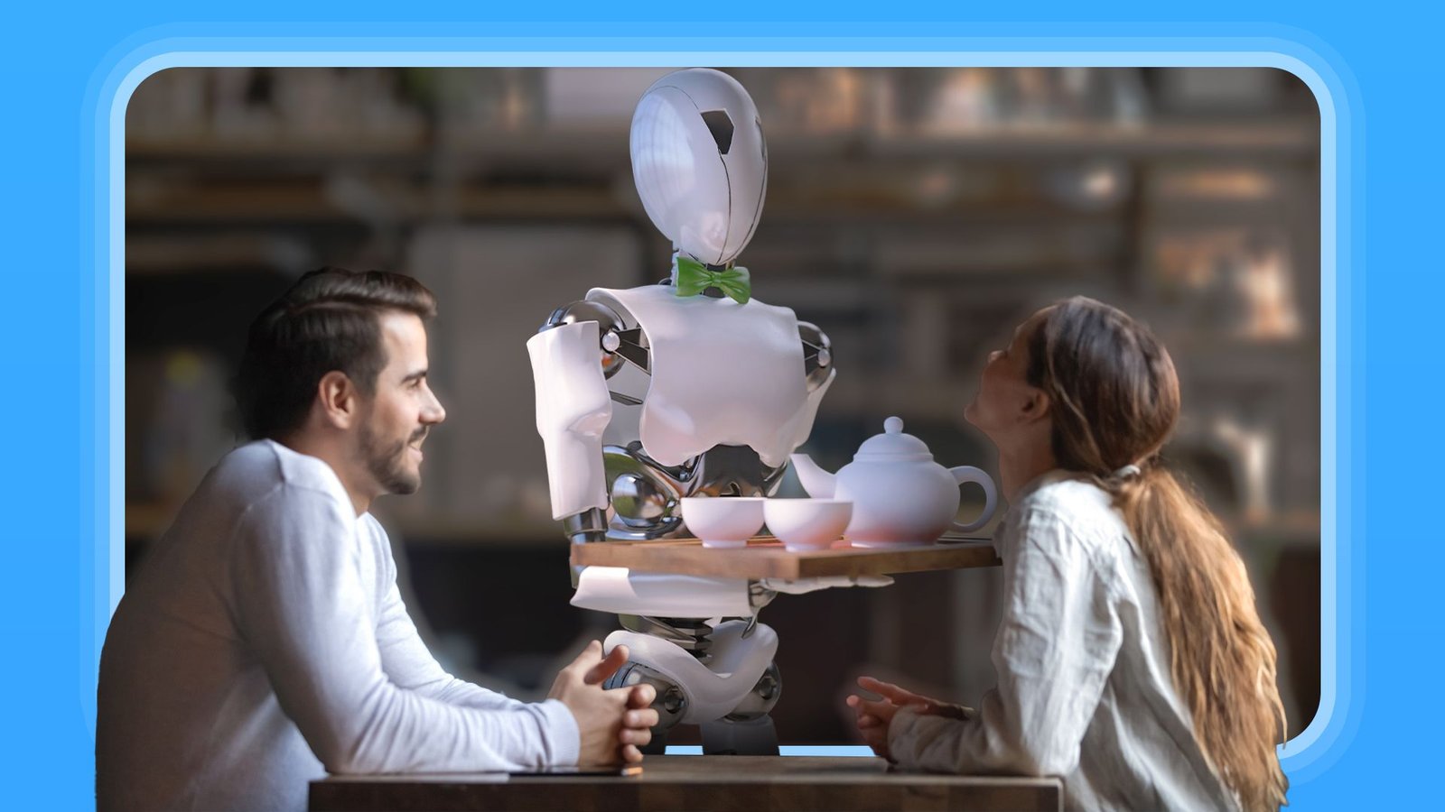 Un robot servant deux personnes à une table de restaurant.