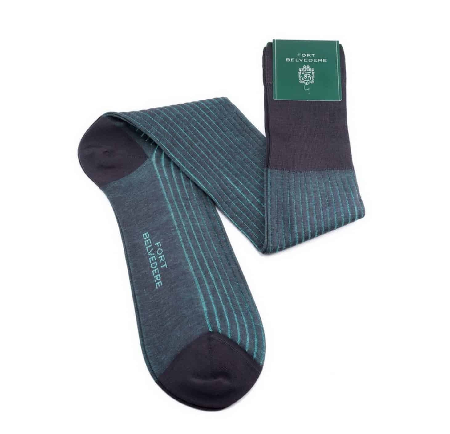 Chaussettes côtelées à rayures d'ombre gris et turquoise verte fil d'Ecosse Cotton - Fort Belvedere