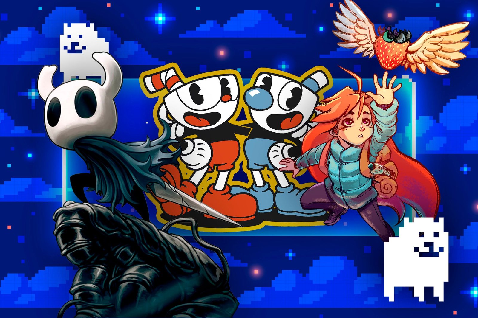 Un arrière-plan avec des nuages pixelisés et quelques personnages de jeu indépendant au centre.