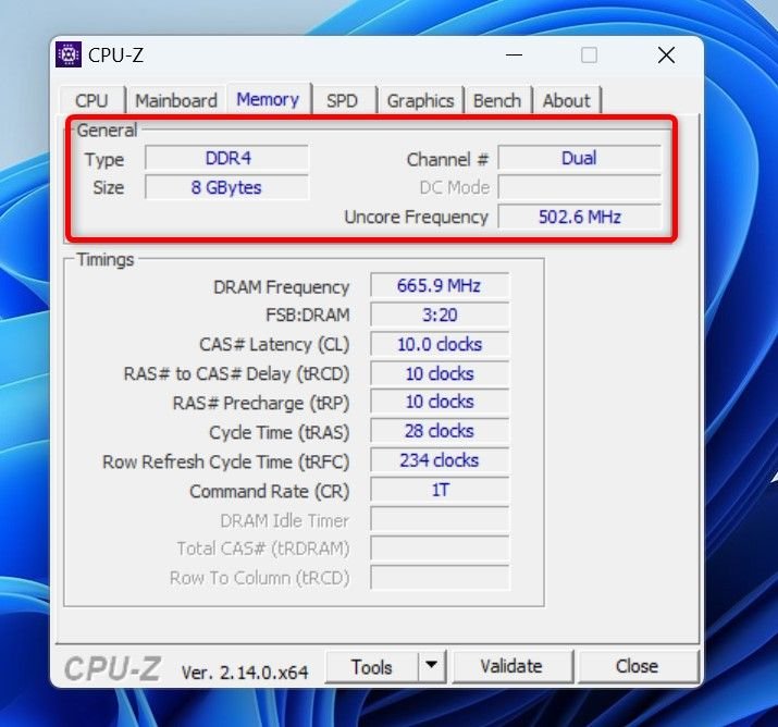 Informations RAM mises en évidence dans CPU-Z.