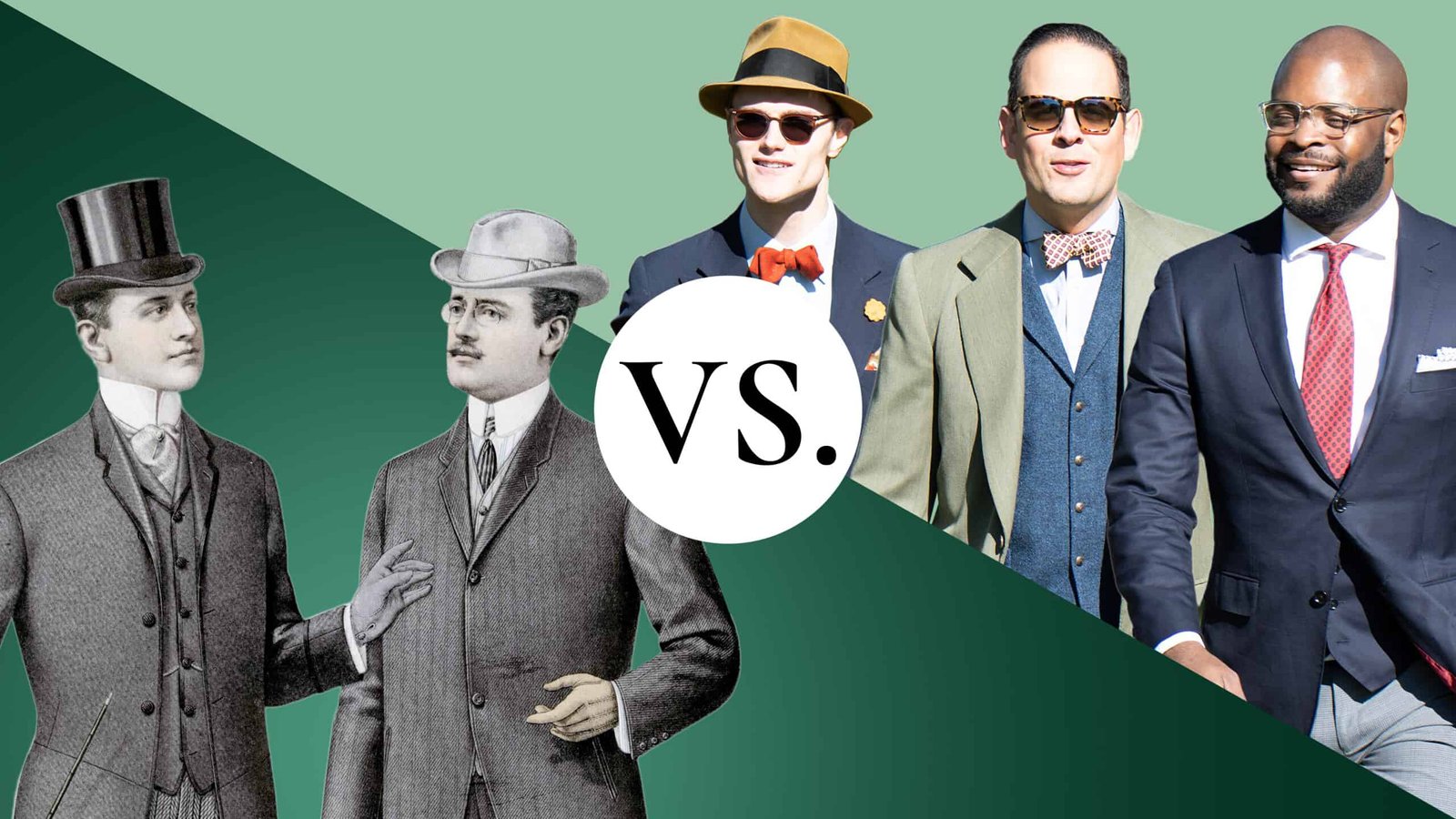 Deux images séparées en diagonale avec "CONTRE." entre eux; L'un est une illustration de mode en noir et blanc de deux hommes de l'ère victorienne, l'autre est une photographie de Raphael, Preston et Kyle. L'illustration a une lecture de texte "Vieil argent," Alors que la photo a la lecture de texte "Style classique"