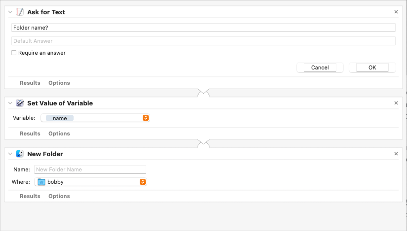 Un flux de travail Automator comprenant trois actions dans une colonne.