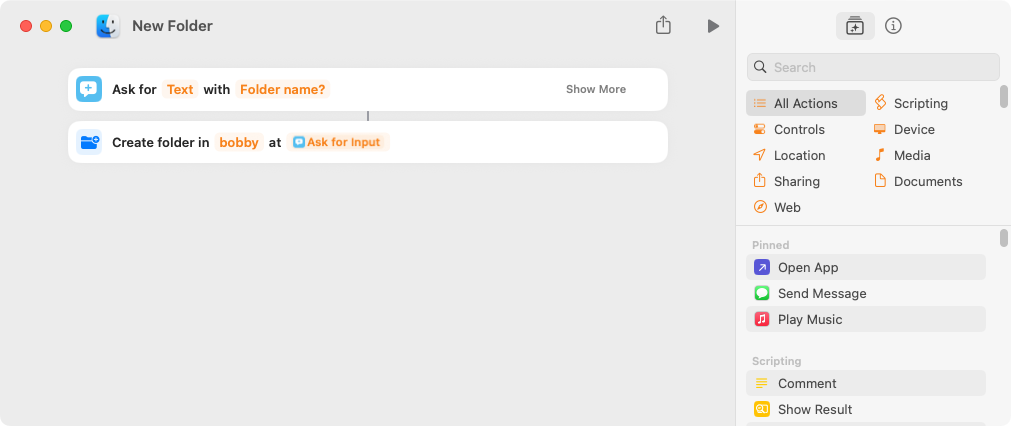 Un raccourci montrant deux actions: une demande d'entrée de texte et la création d'un nouveau dossier.