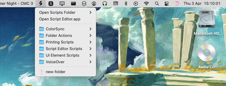 Une barre de menu MacOS affichant une icône d'éditeur de script avec un menu ouvert.