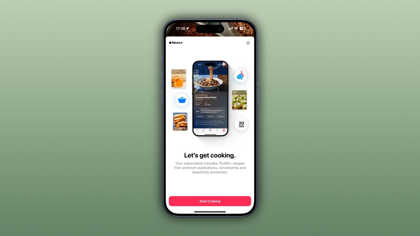 iPhone affichant un écran de éclaboussures dans l'application d'actualités faisant la promotion de la section alimentaire dédiée.