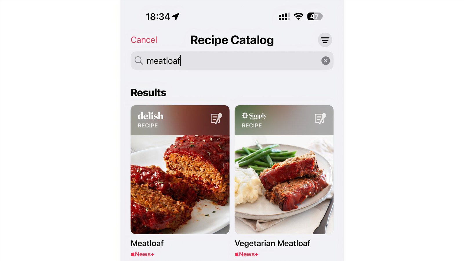 L'application d'actualités de l'iPhone affichant les résultats de recherche pour "pain de viande" dans la section alimentaire.