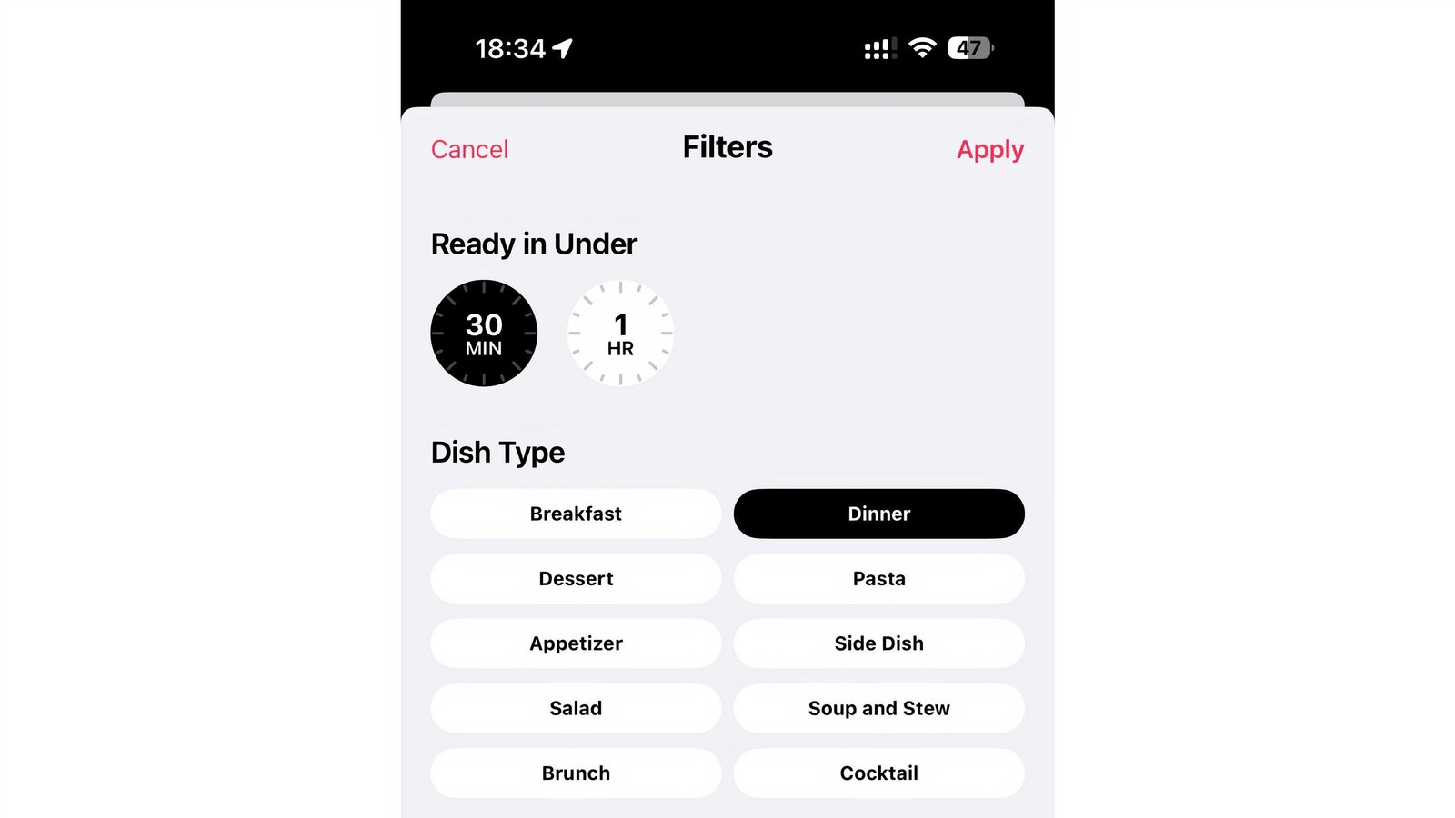 L'application d'actualités de l'iPhone affichant divers filtres, avec le "Dîner" et "Prêt en moins de 30 minutes" Tags sélectionnés.
