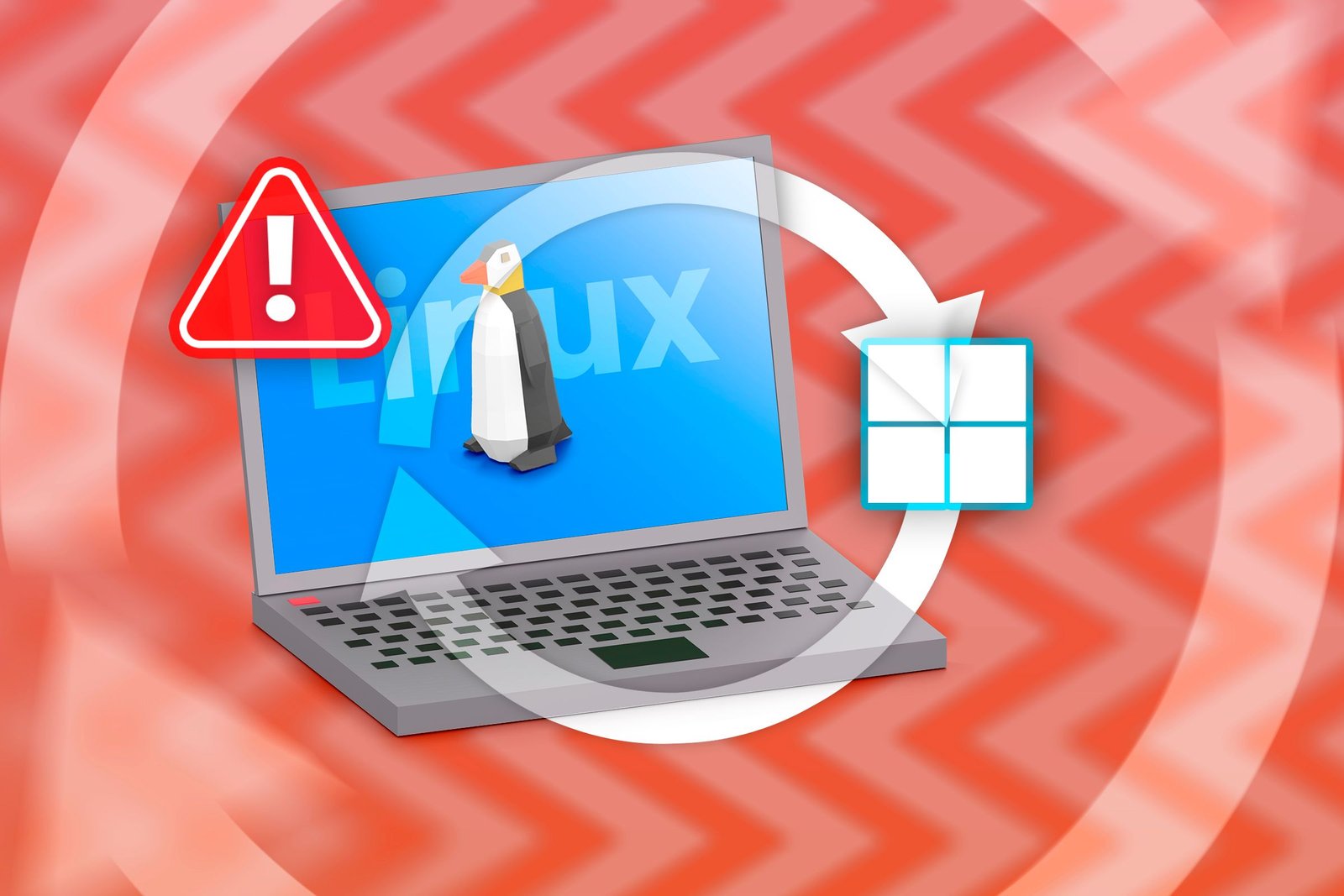 Un ordinateur portable avec Linux, le logo Windows à côté, une icône de swap au centre et un signe d'avertissement.