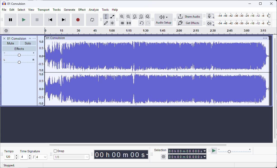 Audacity s'exécutant sur Windows affichant l'écran de modification principal avec un exemple de fichier audio chargé