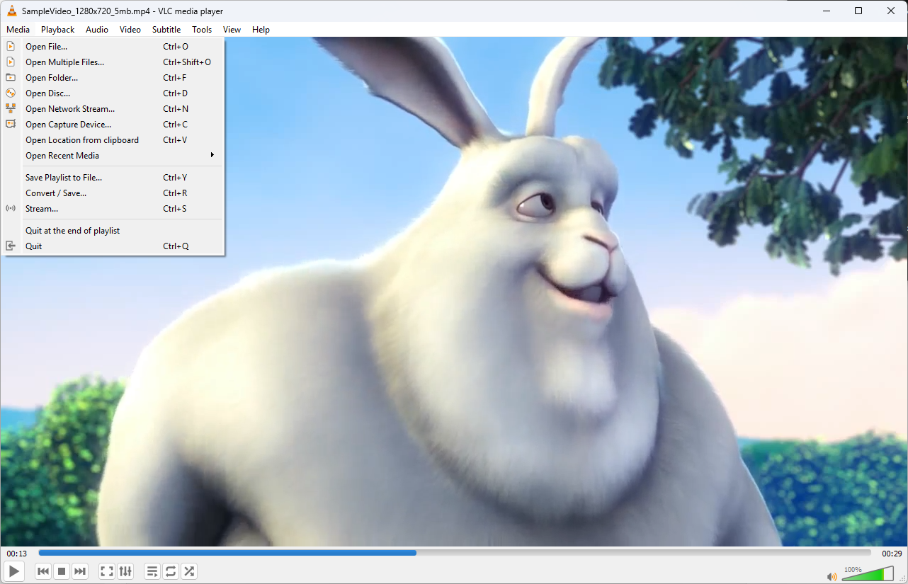 VLC fonctionnant sur Windows en lisant un exemple de vidéo et affichant le menu de fichiers
