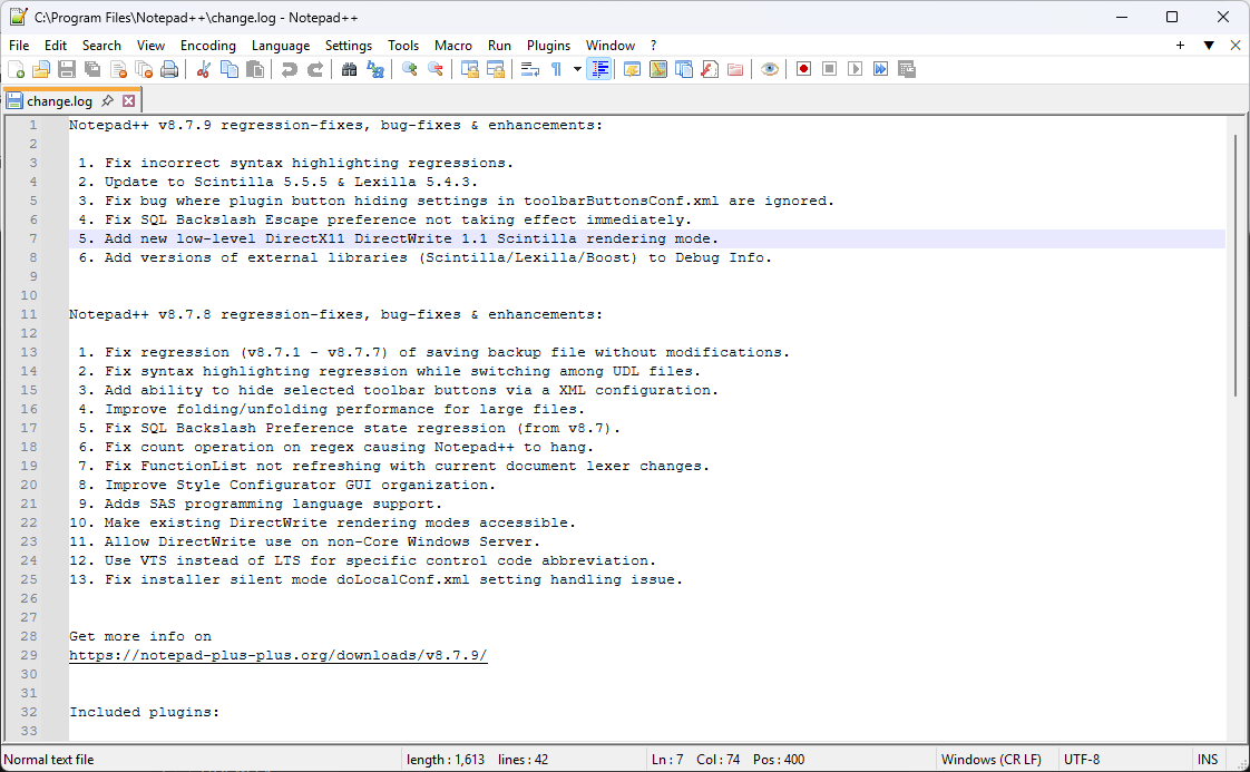 Notepad ++ s'exécuter sur Windows avec le dernier fichier changelog.txt ouvert
